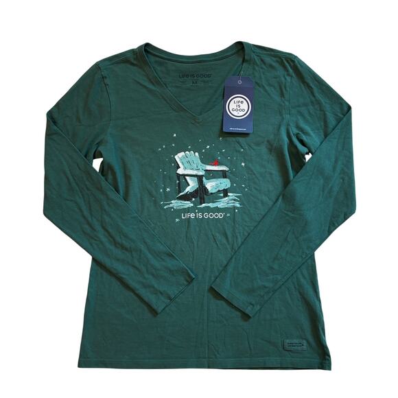 Life is Good Crusher T Shirt Womens Medium Green V Neck Long Sleeve Adirondack - Picture 1 of 8